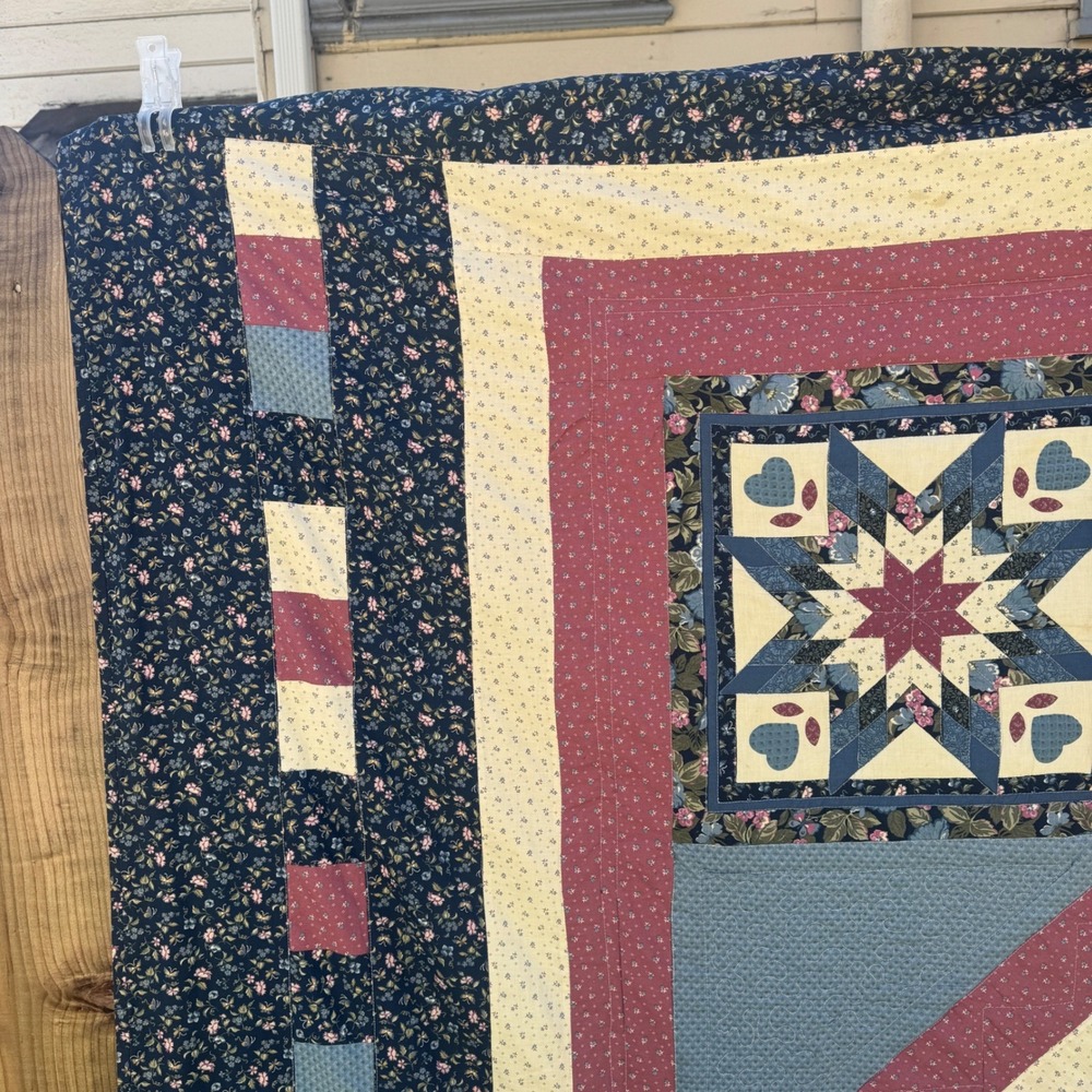 Handmade Vintage Quilt Queen Blue Red Lone Star Heart Floral Patchwork 82x102" - Picture 6 of 16
